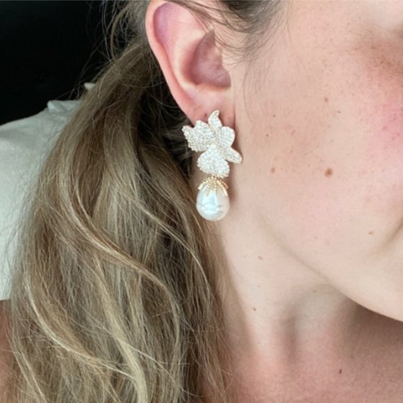 NEW ~ Anthropologie Made by Maddie Pink Travona Floral Pave Crystal & Pearl E… - Picture 14 of 16